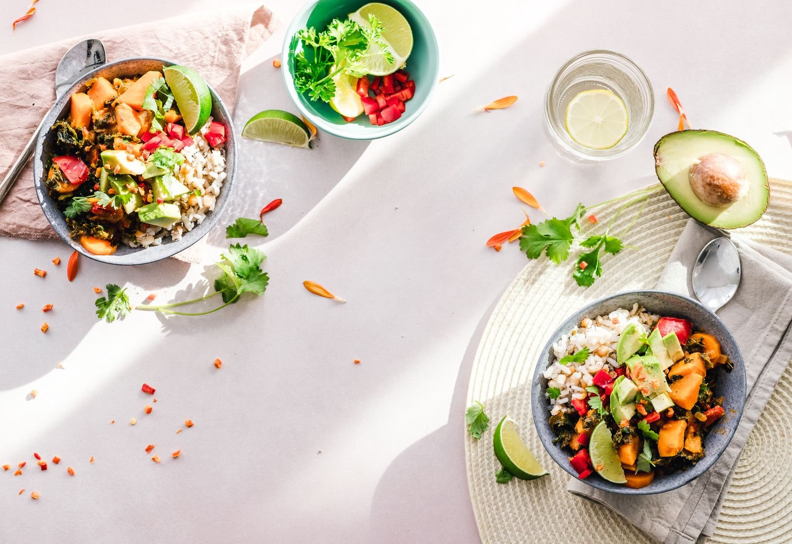 Vegetables and grains laid out on a table